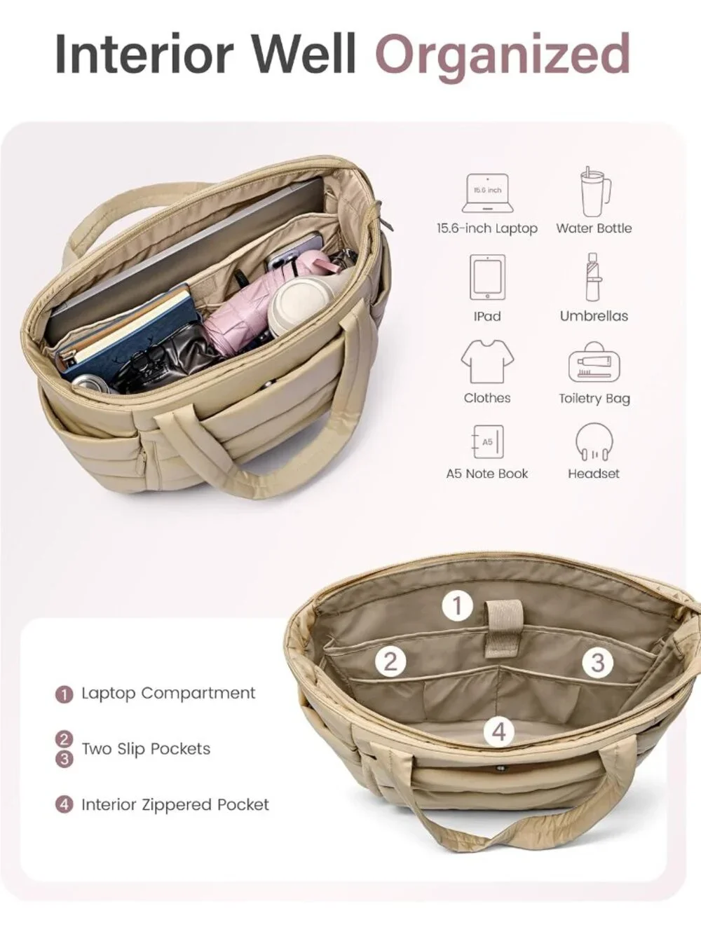 👜Women's Light Khaki Quilted Puffer Tote Bag Zipper Work Bag With Compartments